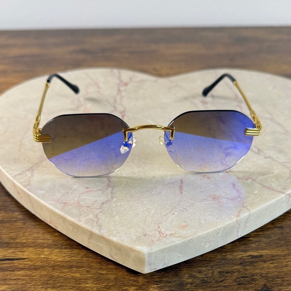 Gold and Blue Rimless Sunglasses